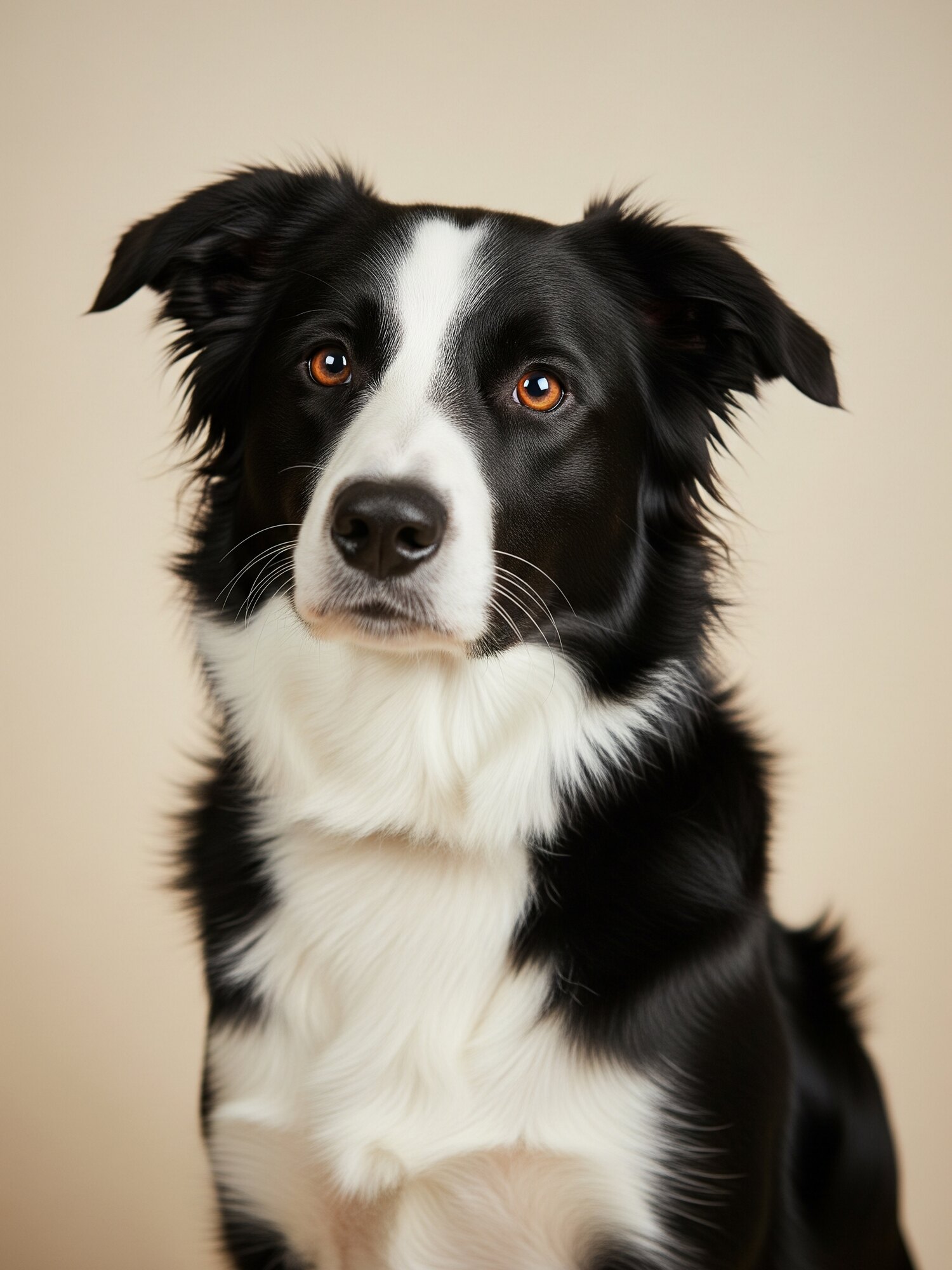 Cap, border collie noir et blanc, portrait de trois quarts sur fond de papier clair