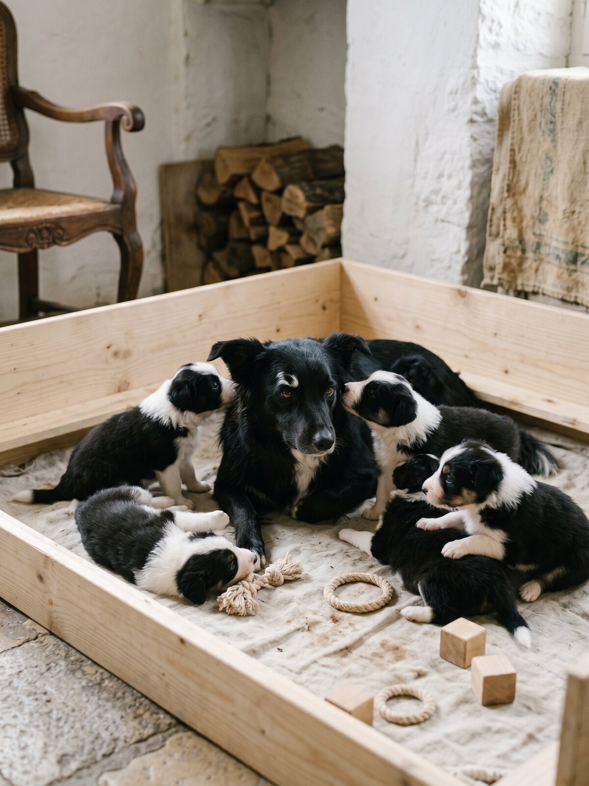 Saline allongée avec ses chiots dans la nurserie aménagée de la pièce à vivre