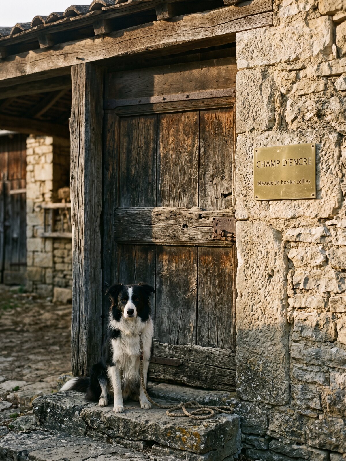 Porte en bois de la ferme avec la plaque gravée Champ d'Encre, un border collie attentif au seuil