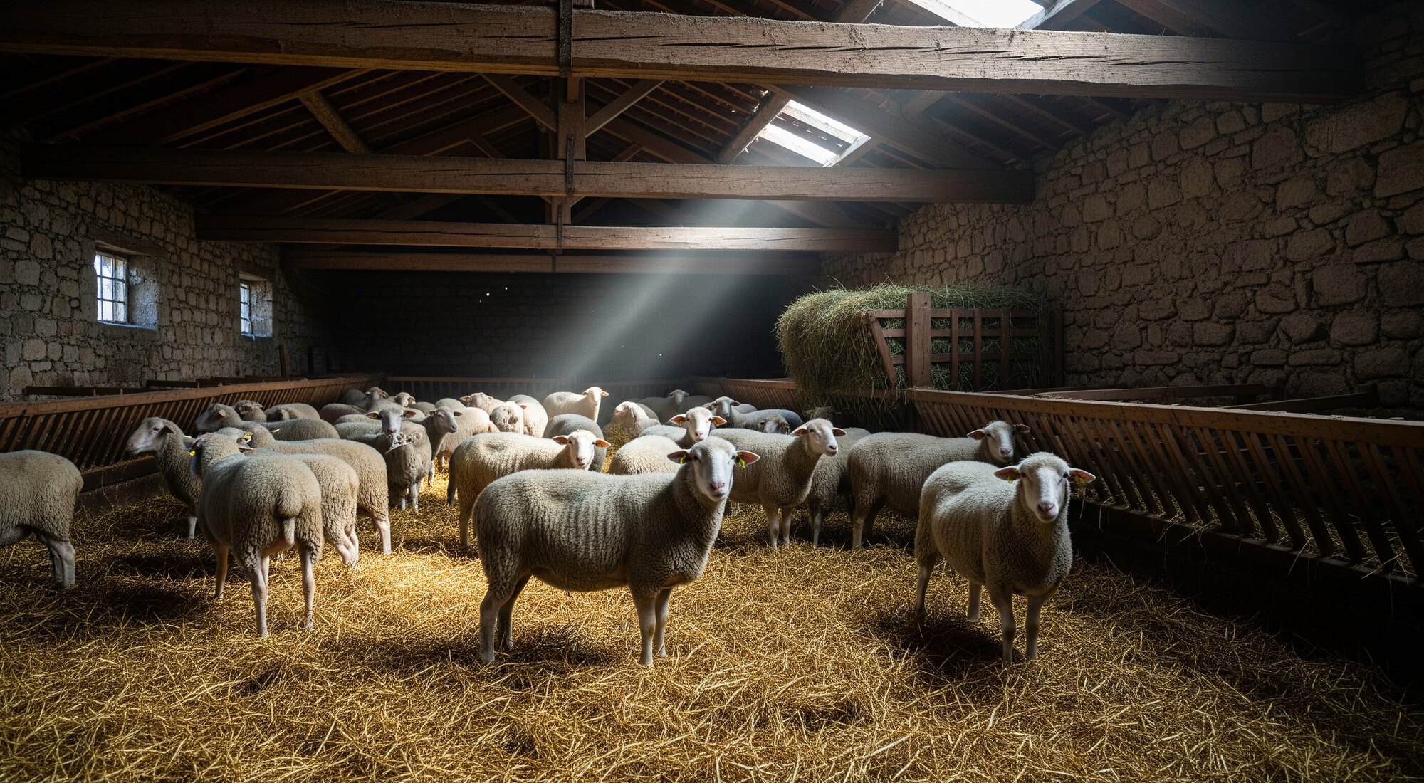 Intérieur de la bergerie de la Borie Haute, brebis Lacaune et lumière rasante du matin