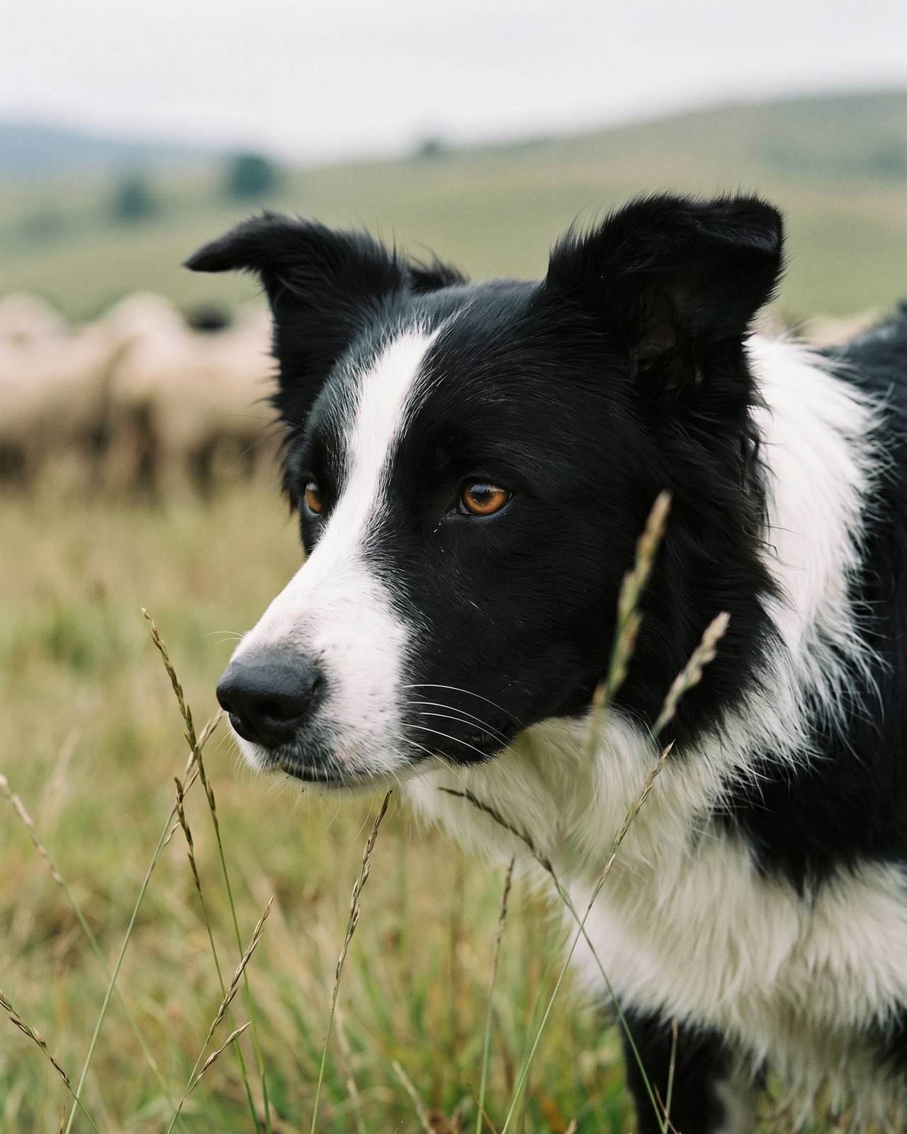 Gros plan sur l'œil d'un border collie fixant le troupeau, posture basse