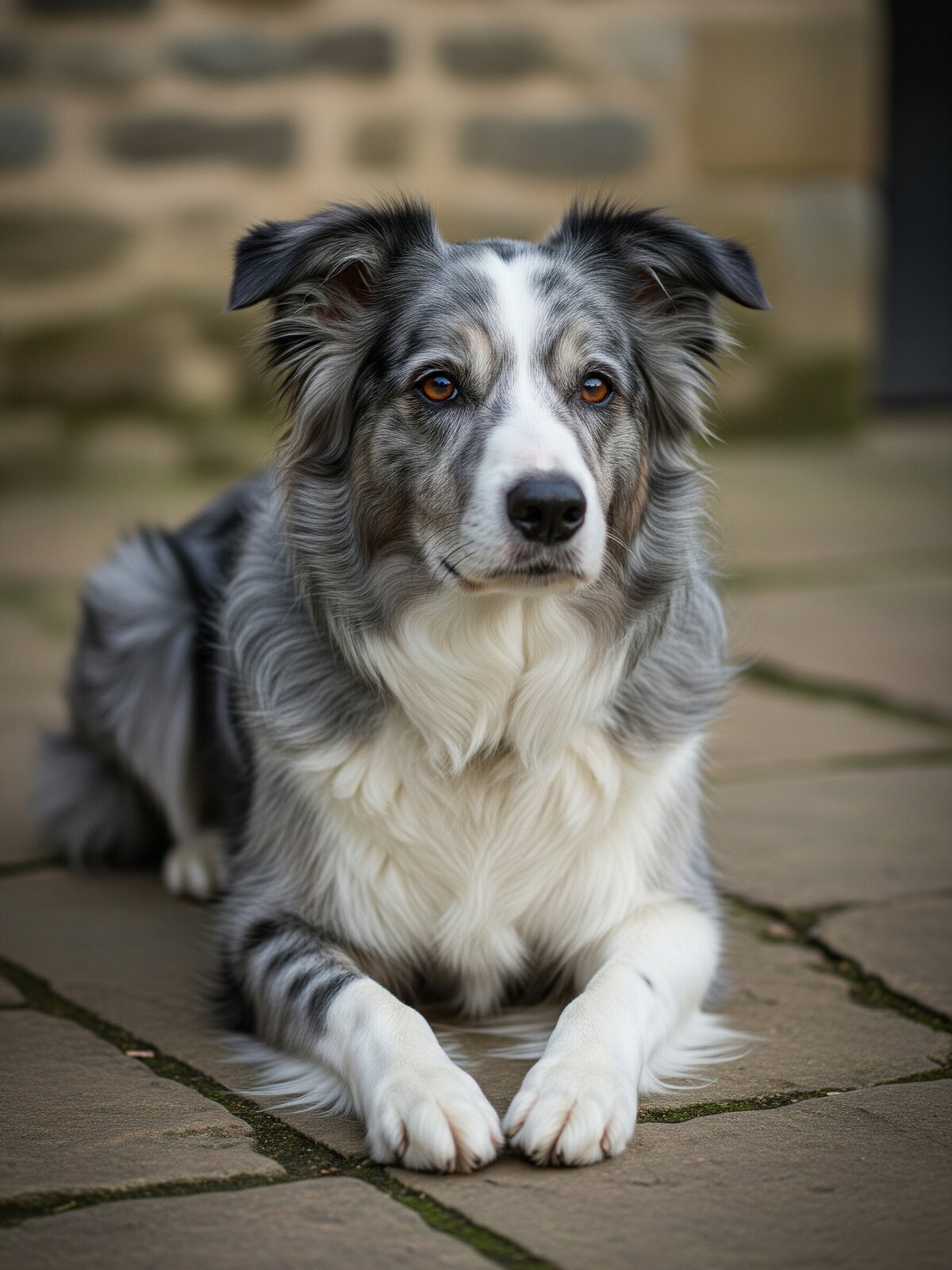 Ondine, border collie bleu merle senior, portrait au repos