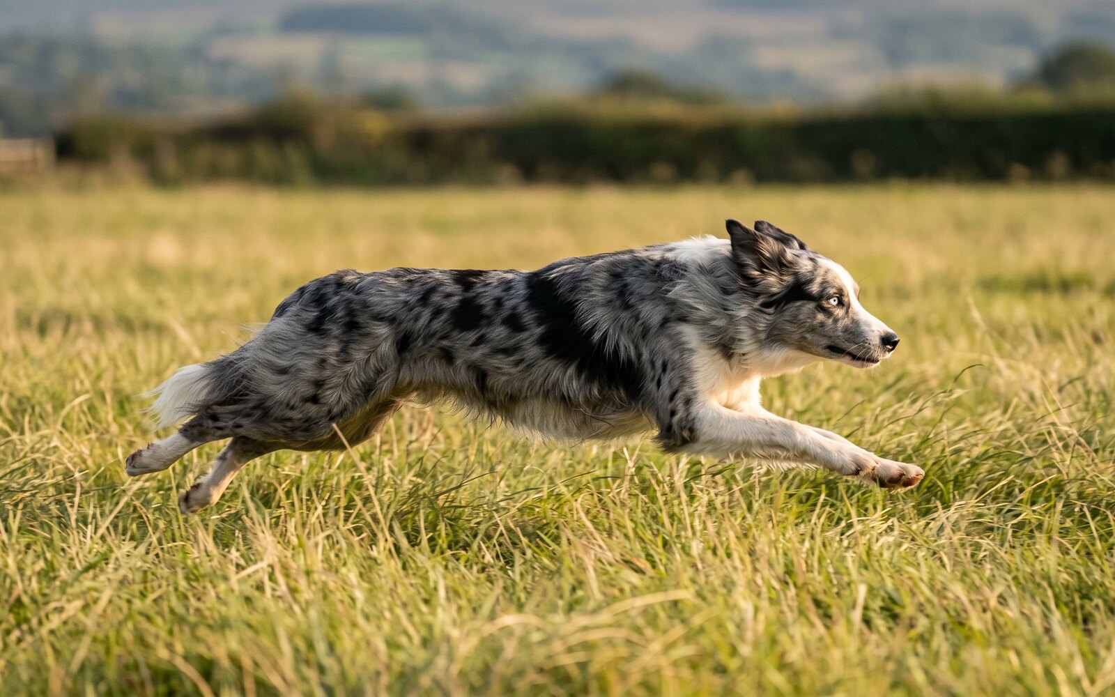 Una au galop rasant dans une prairie de fauche, robe merle en mouvement