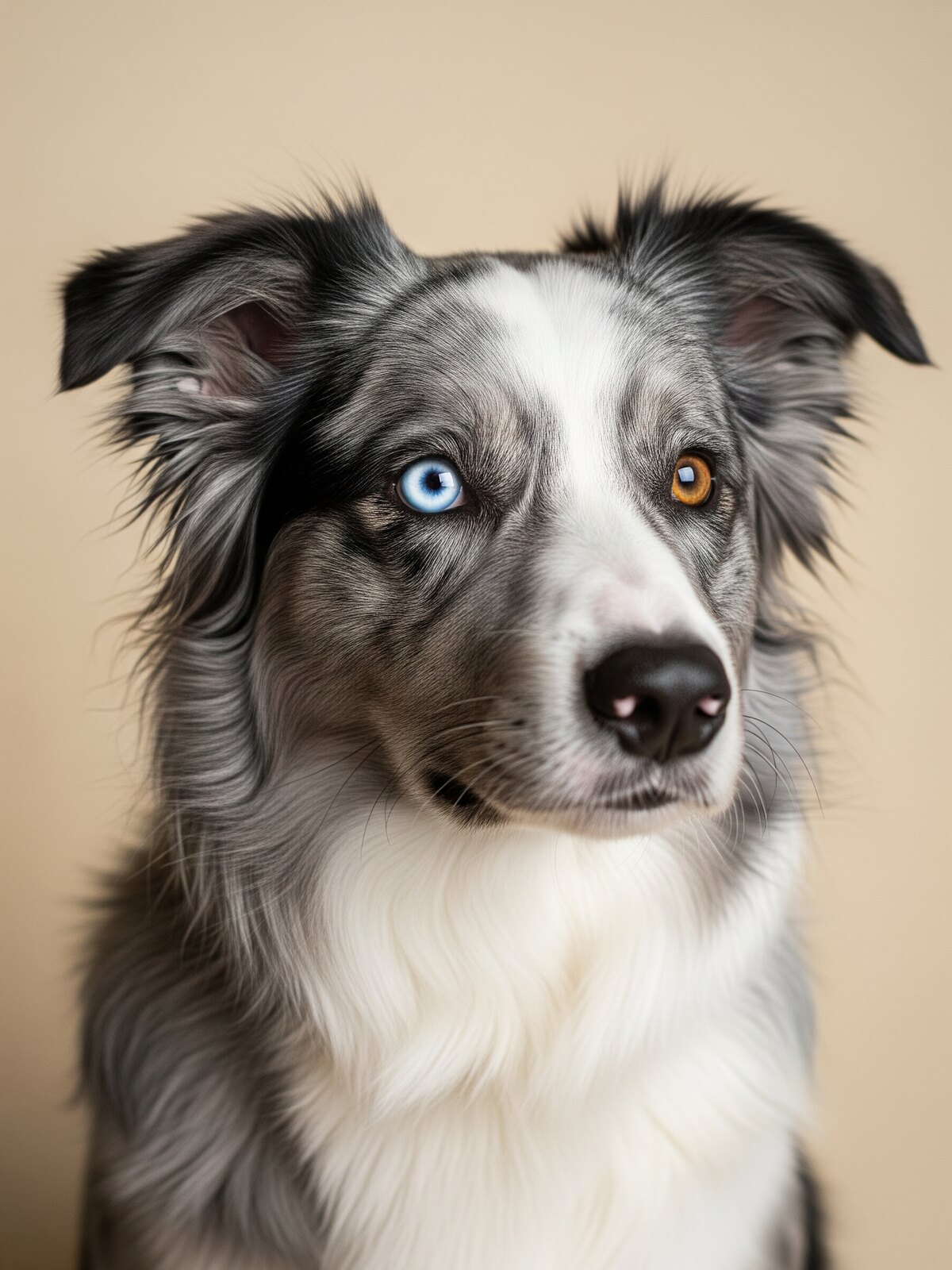 Una, border collie bleu merle à l’œil droit bleu, portrait rapproché