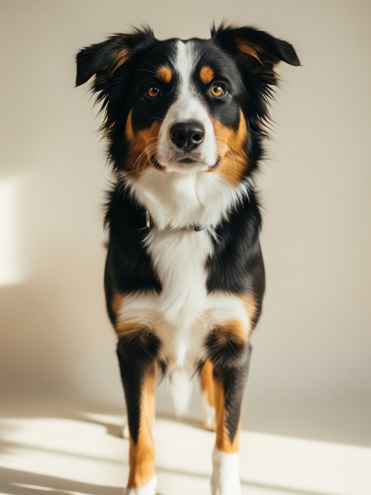 Vasco, jeune border collie tricolore, portrait debout attentif